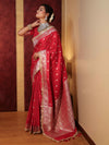 Banarasee Handwoven Semi Katan Saree With Zari Buti Design Border & Lace-Cherry Red