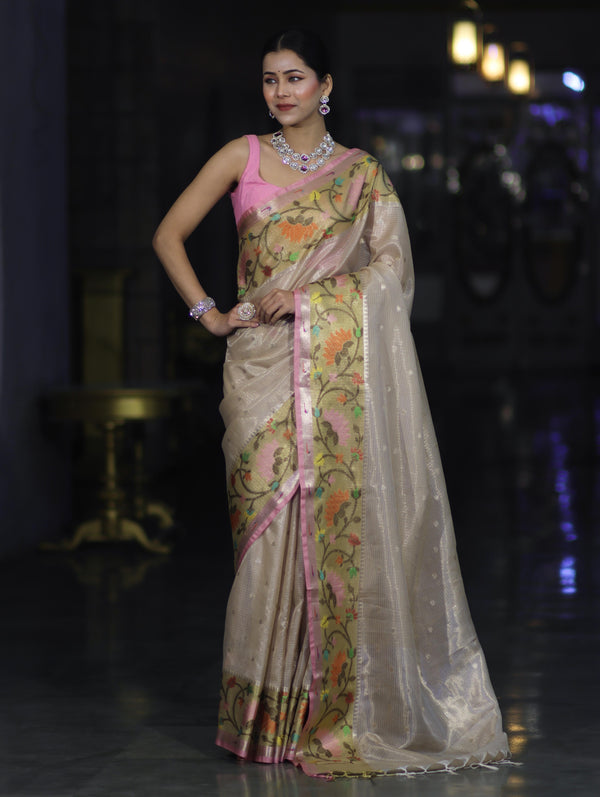 Banarasee Kota Checks Tissue Saree With Zari & Thread Embroidery & Contrast Border-Beige