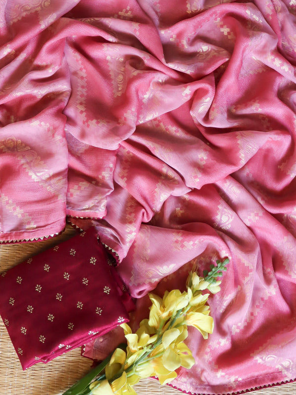 Banarasee Chiffon Saree With Zig-Zag Foil Print & Gota Lace Border-Pink