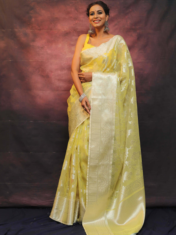 Banarasee Organza Mix Saree With Silver Zari Work-Yellow