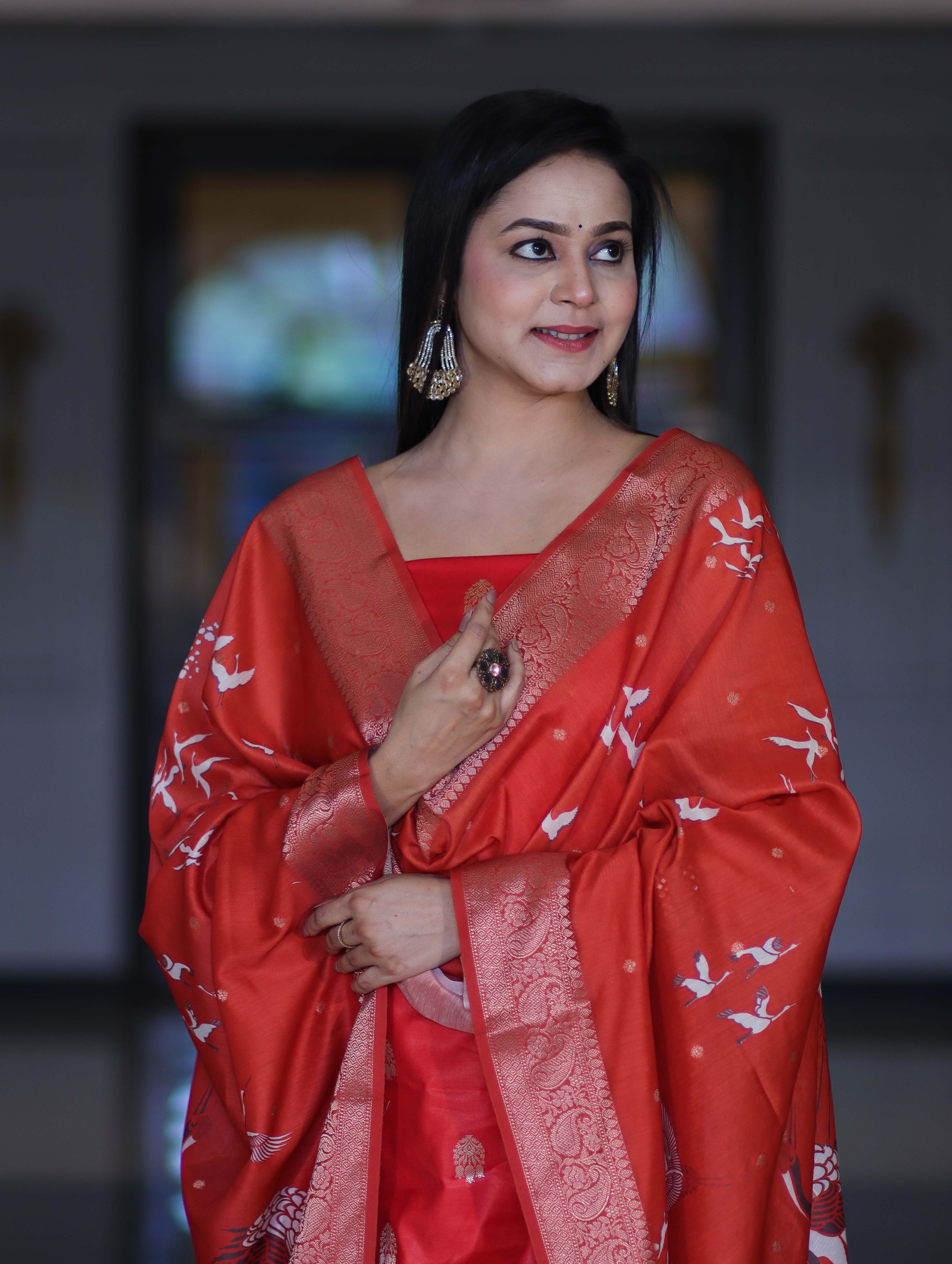 Banarasee Semi-Silk Zari Work Salwar Kameez Fabric With Digital Printed Dupatta Set-Red