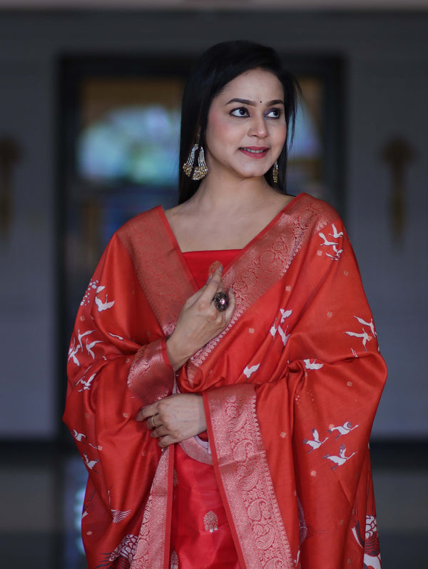 Banarasee Semi-Silk Zari Work Salwar Kameez Fabric With Digital Printed Dupatta Set-Red