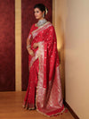 Banarasee Handwoven Semi Katan Saree With Zari Buti Design Border & Lace-Cherry Red