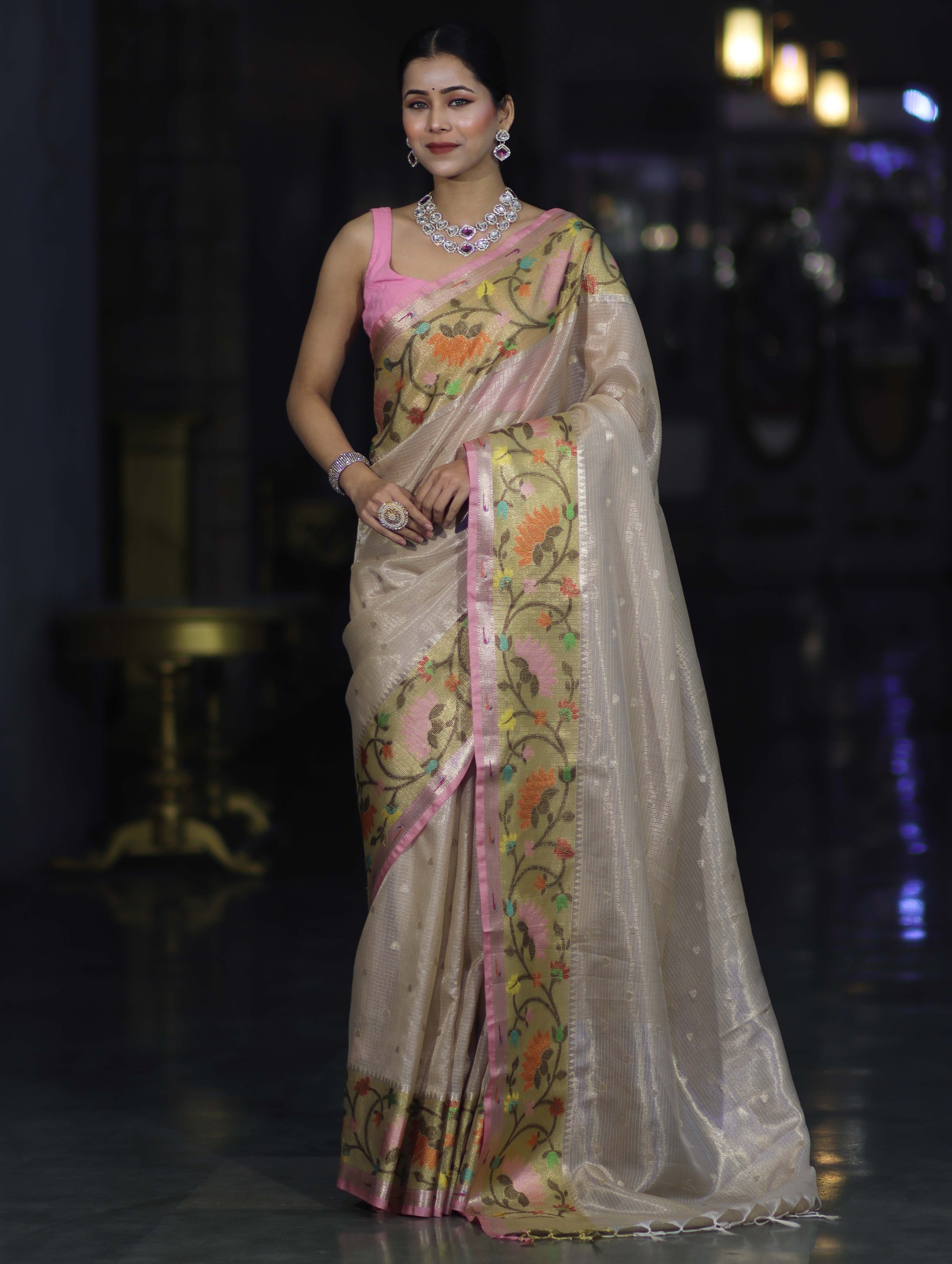 Banarasee Kota Checks Tissue Saree With Zari & Thread Embroidery & Contrast Border-Beige