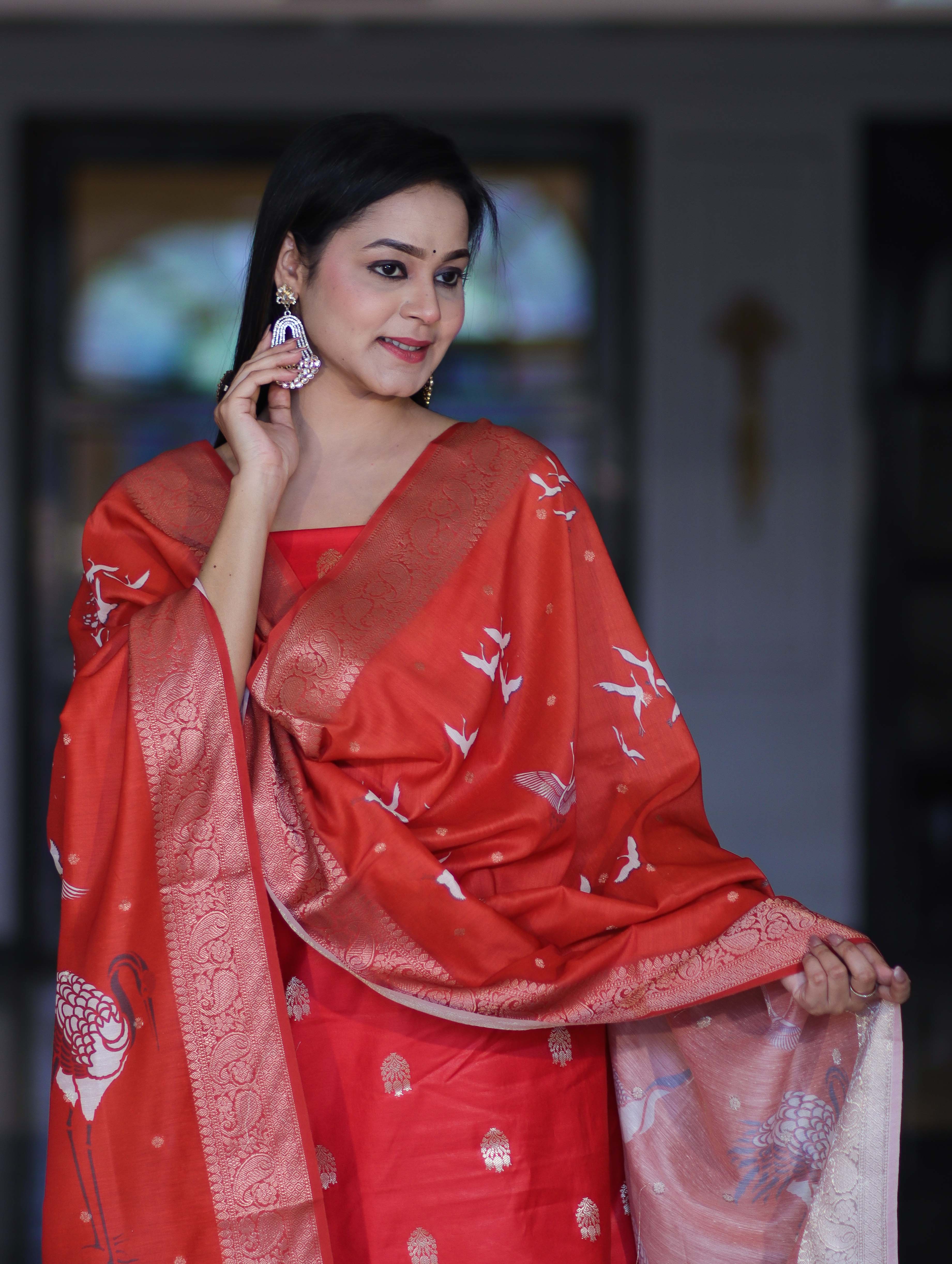 Banarasee Semi-Silk Zari Work Salwar Kameez Fabric With Digital Printed Dupatta Set-Red