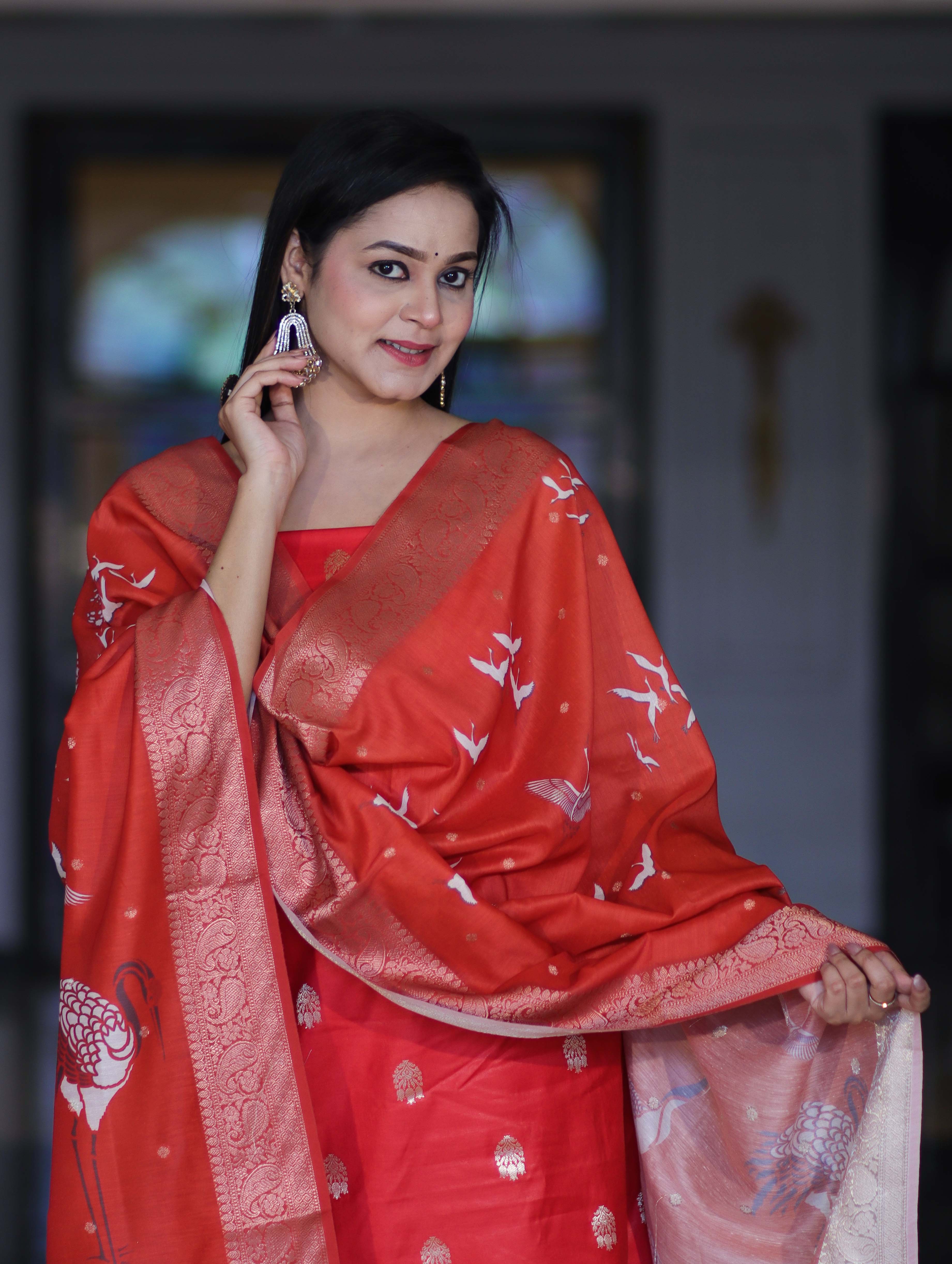 Banarasee Semi-Silk Zari Work Salwar Kameez Fabric With Digital Printed Dupatta Set-Red