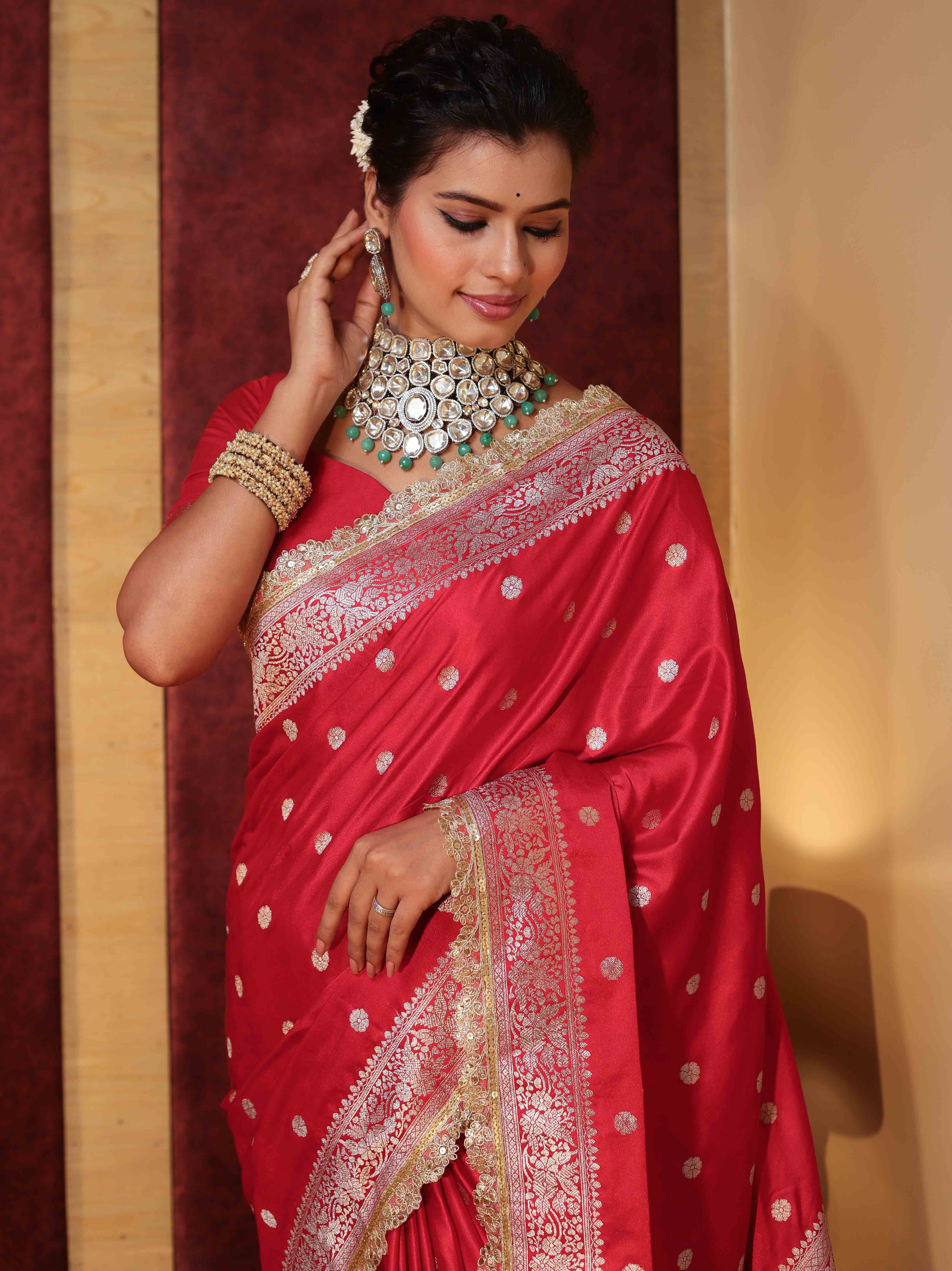 Banarasee Handwoven Semi Katan Saree With Zari Buti Design Border & Lace-Cherry Red