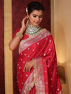 Banarasee Handwoven Semi Katan Saree With Zari Buti Design Border & Lace-Cherry Red