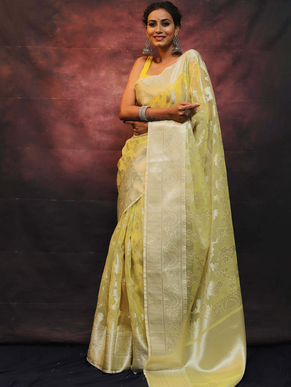 Banarasee Organza Mix Saree With Silver Zari Work-Yellow