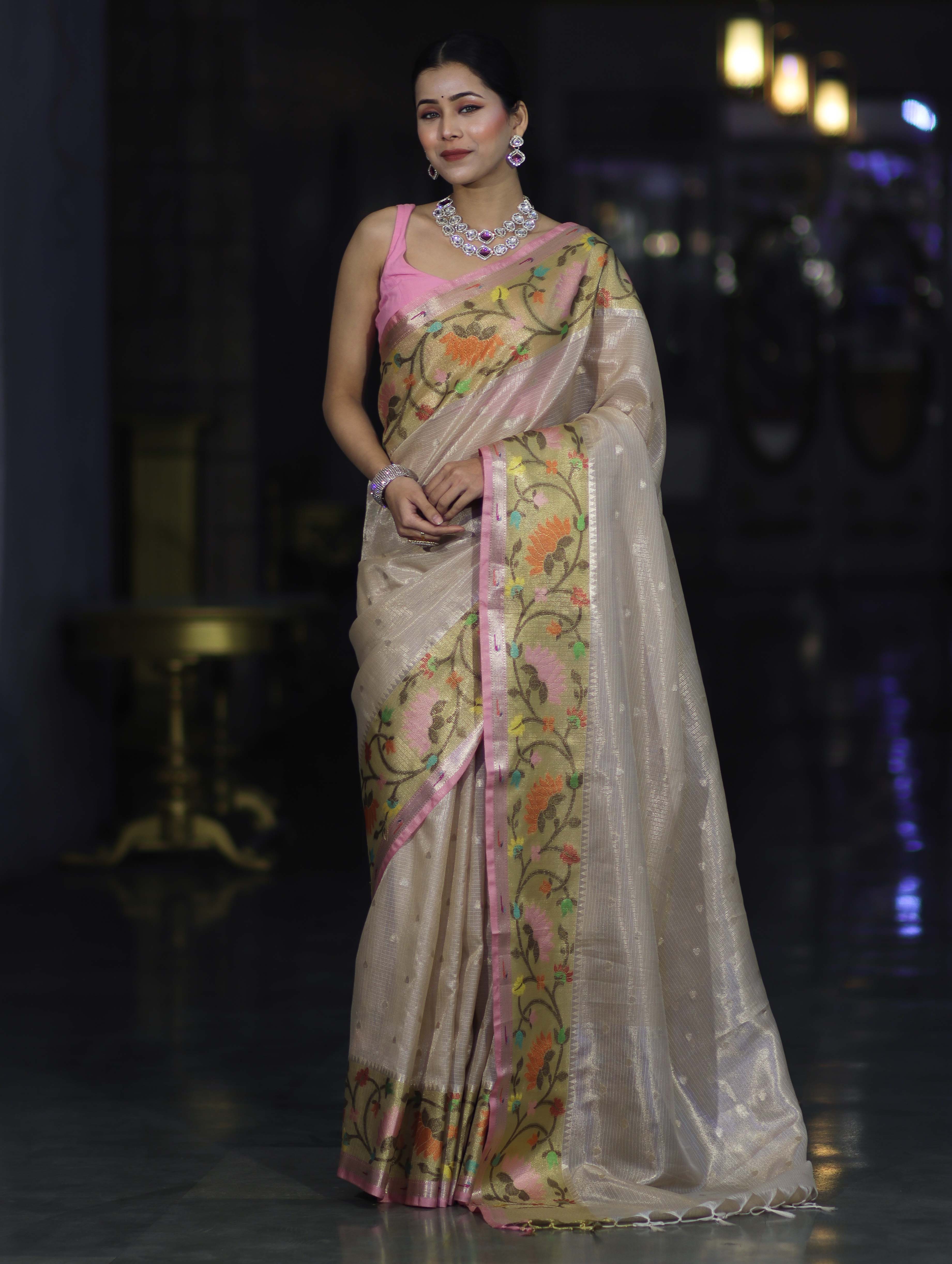 Banarasee Kota Checks Tissue Saree With Zari & Thread Embroidery & Contrast Border-Beige