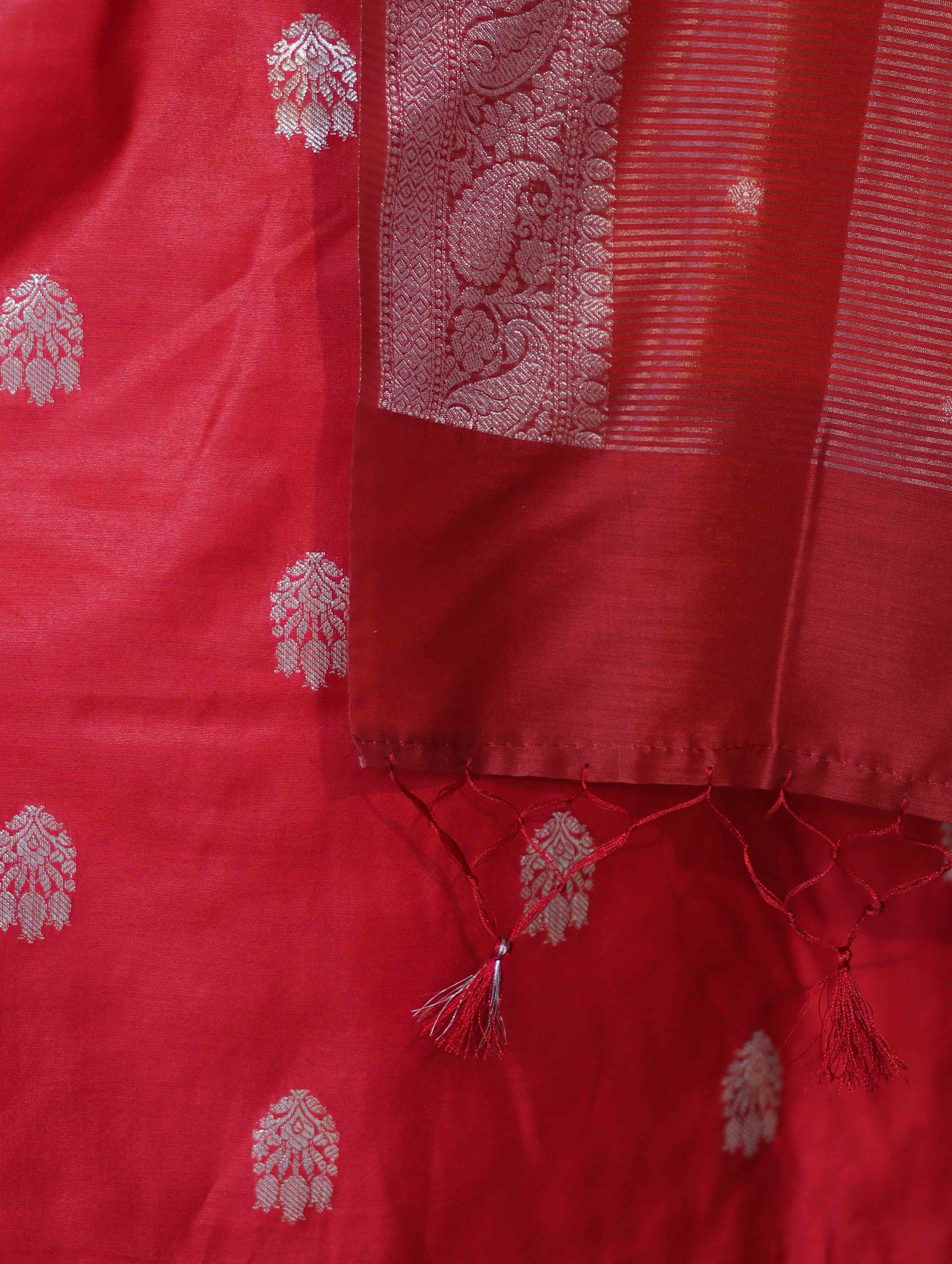 Banarasee Semi-Silk Zari Work Salwar Kameez Fabric With Digital Printed Dupatta Set-Red