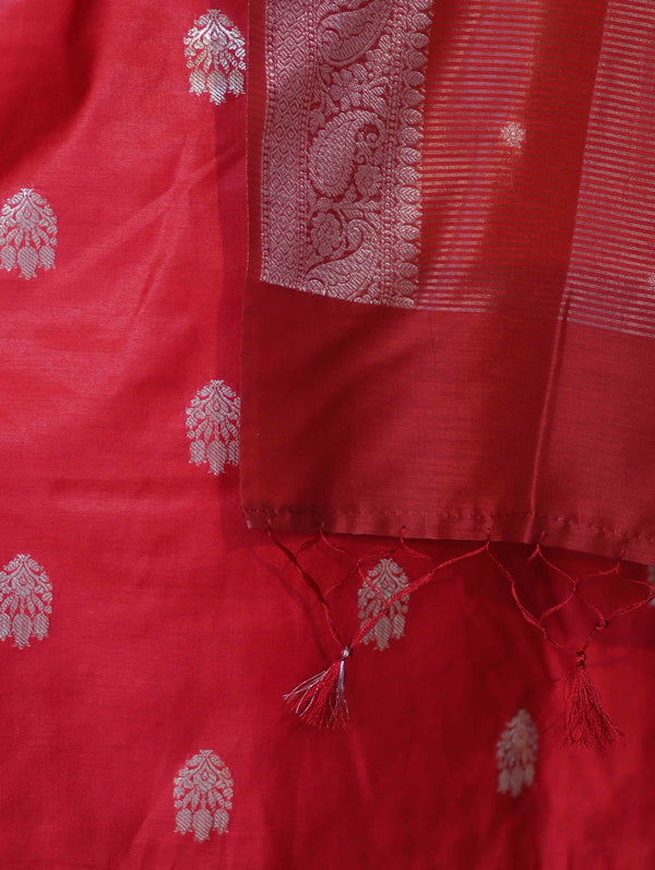 Banarasee Semi-Silk Zari Work Salwar Kameez Fabric With Digital Printed Dupatta Set-Red