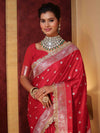 Banarasee Handwoven Semi Katan Saree With Zari Buti Design Border & Lace-Cherry Red