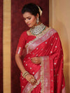 Banarasee Handwoven Semi Katan Saree With Zari Buti Design Border & Lace-Cherry Red