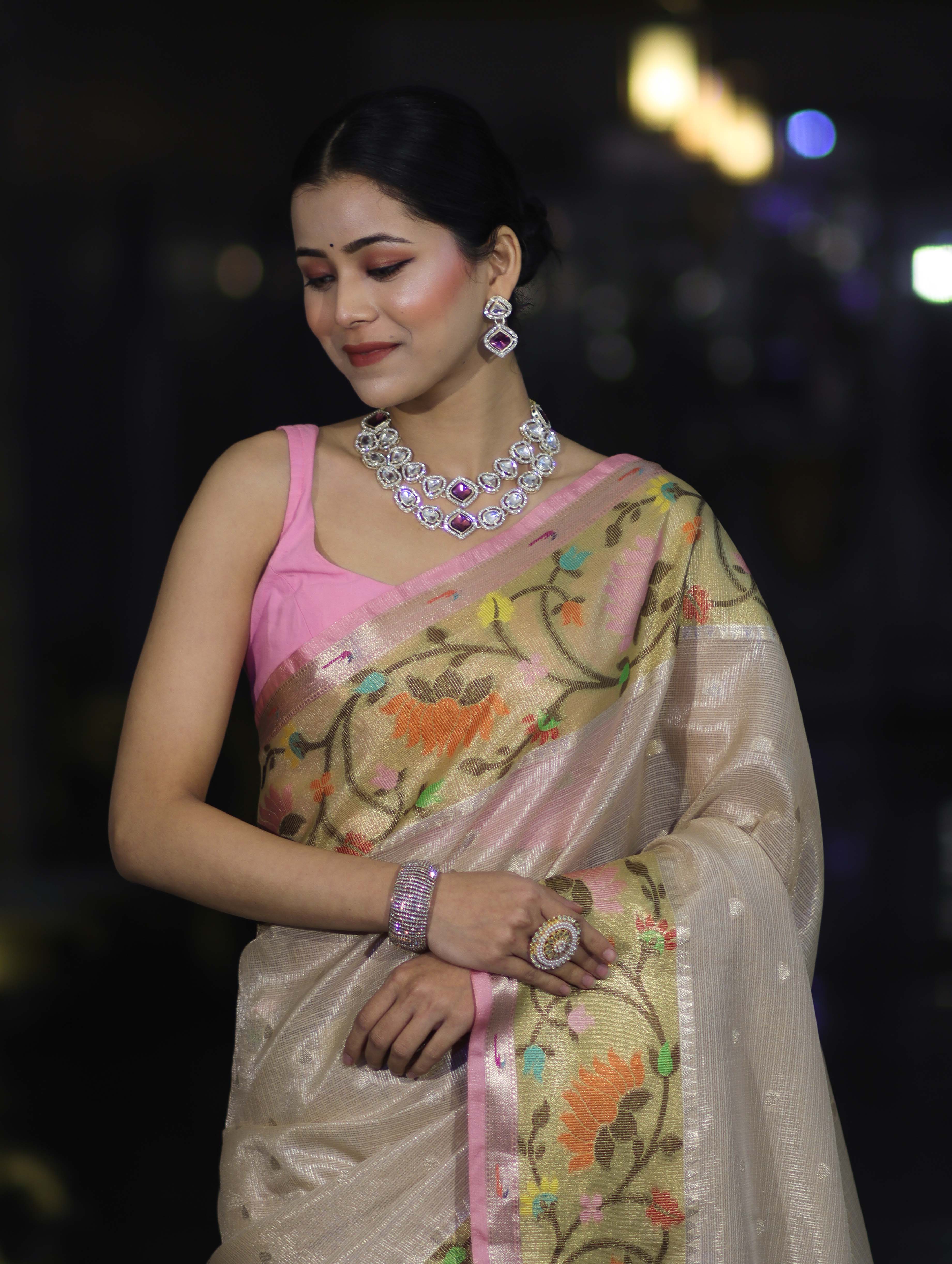 Banarasee Kota Checks Tissue Saree With Zari & Thread Embroidery & Contrast Border-Beige