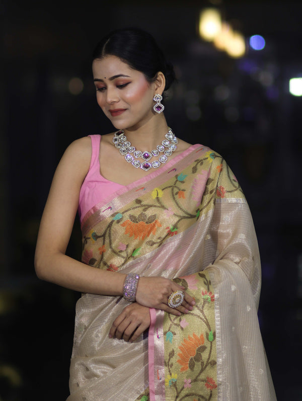 Banarasee Kota Checks Tissue Saree With Zari & Thread Embroidery & Contrast Border-Beige