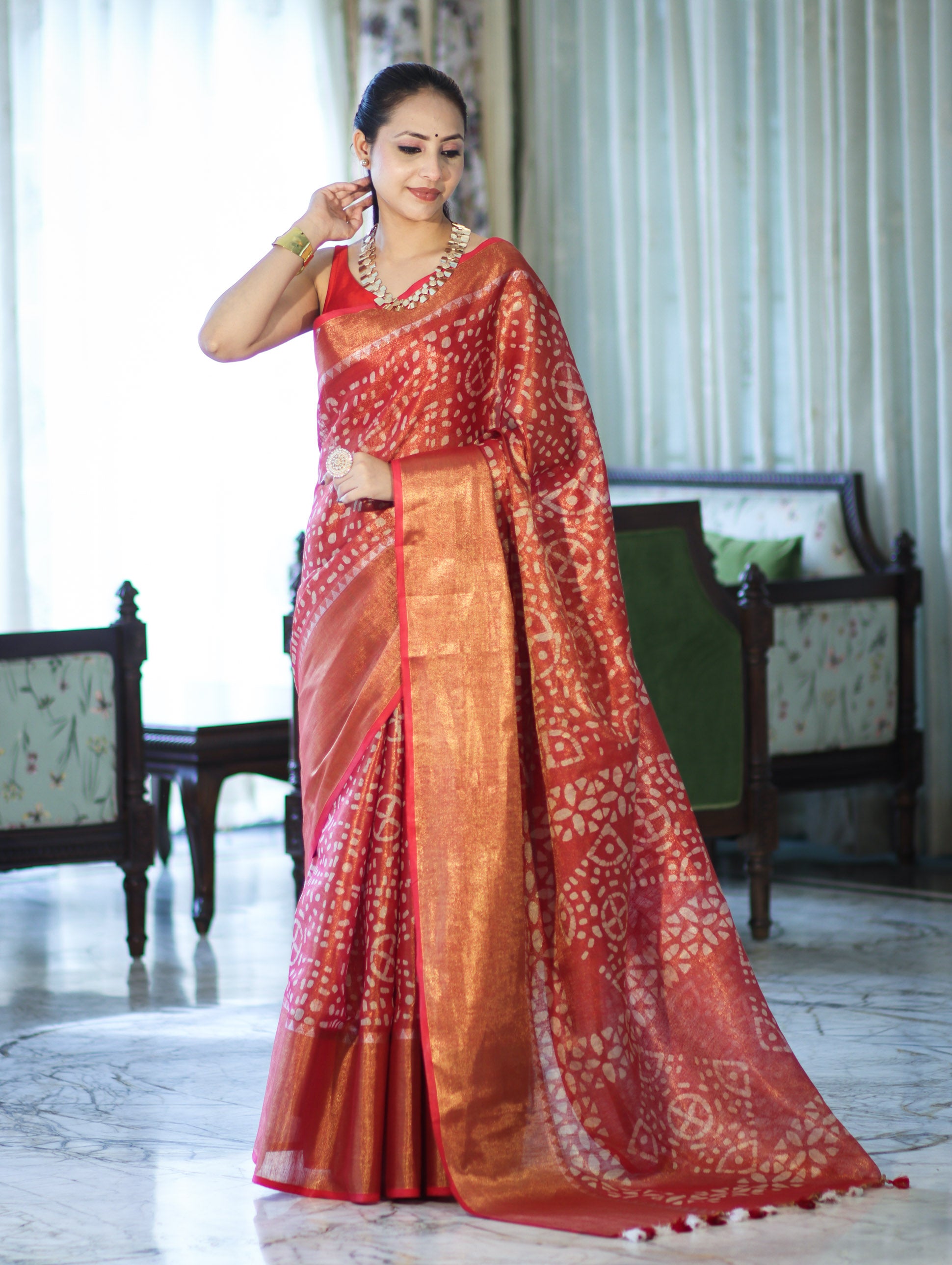 Bhagalpur Handloom Linen Tissue Batik Pattern Saree-Rust