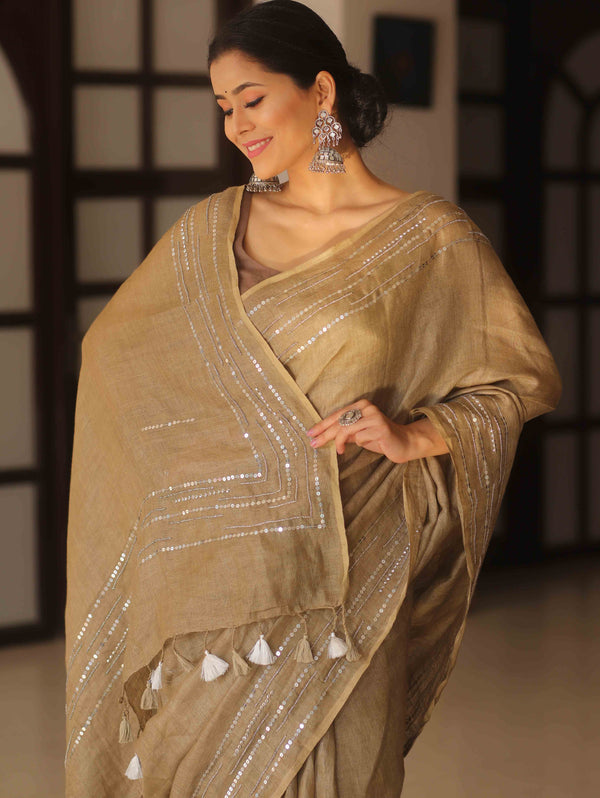 Banarasee Handloom Pure Linen Sequins Work Saree-Brown