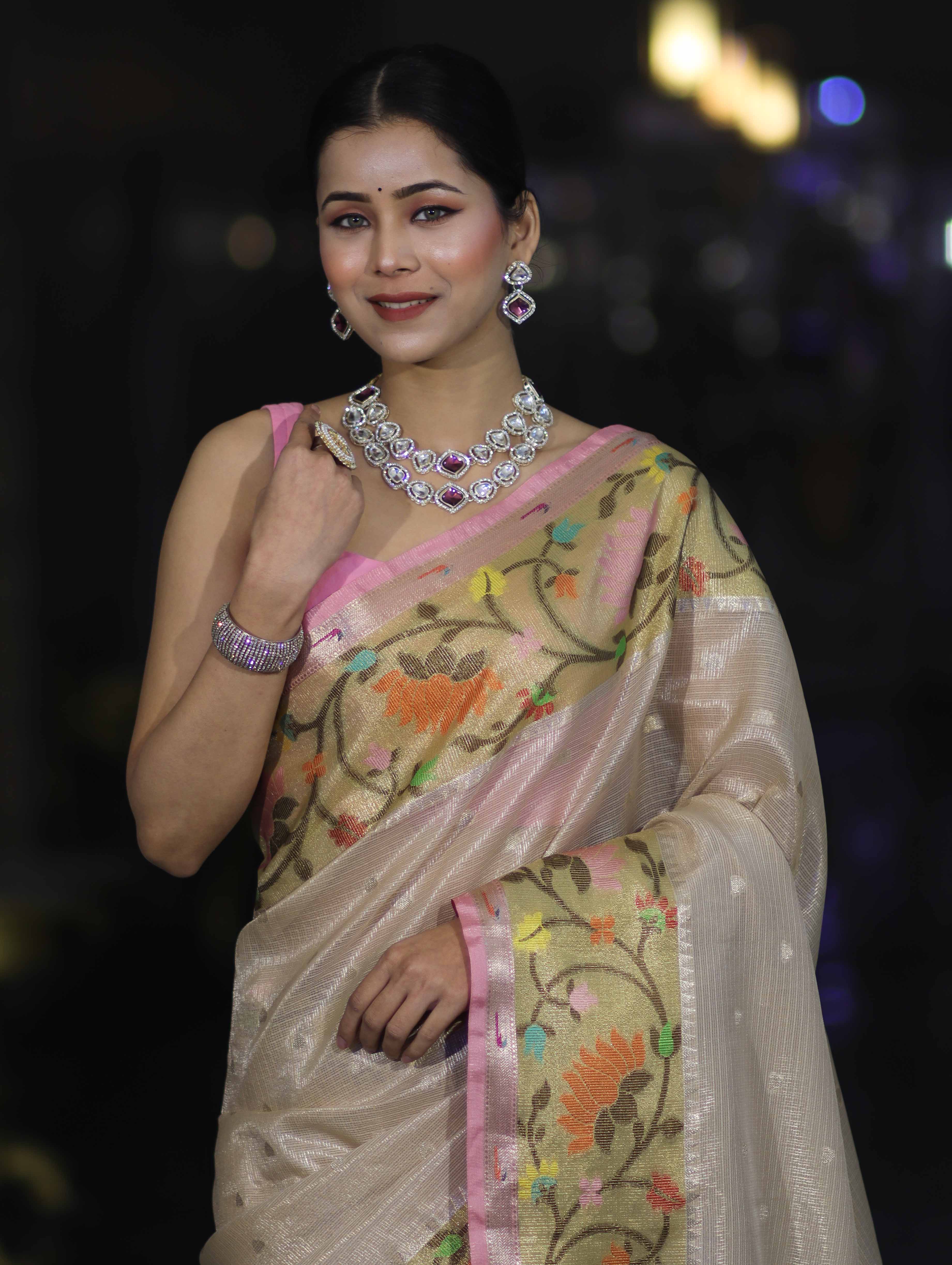 Banarasee Kota Checks Tissue Saree With Zari & Thread Embroidery & Contrast Border-Beige