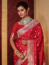 Banarasee Handwoven Semi Katan Saree With Zari Buti Design Border & Lace-Cherry Red