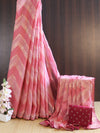 Banarasee Chiffon Saree With Zig-Zag Foil Print & Gota Lace Border-Pink
