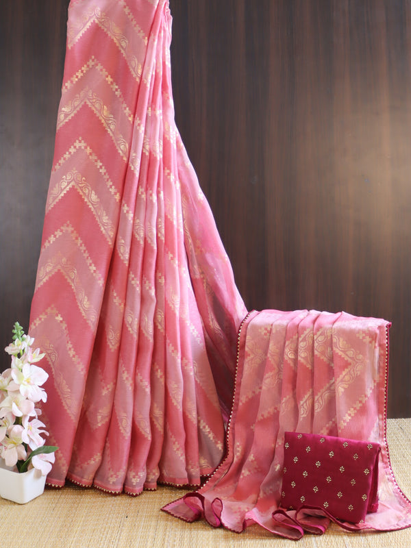 Banarasee Chiffon Saree With Zig-Zag Foil Print & Gota Lace Border-Pink