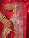 Banarasee Handwoven Semi Katan Saree With Zari Buti Design Border & Lace-Cherry Red