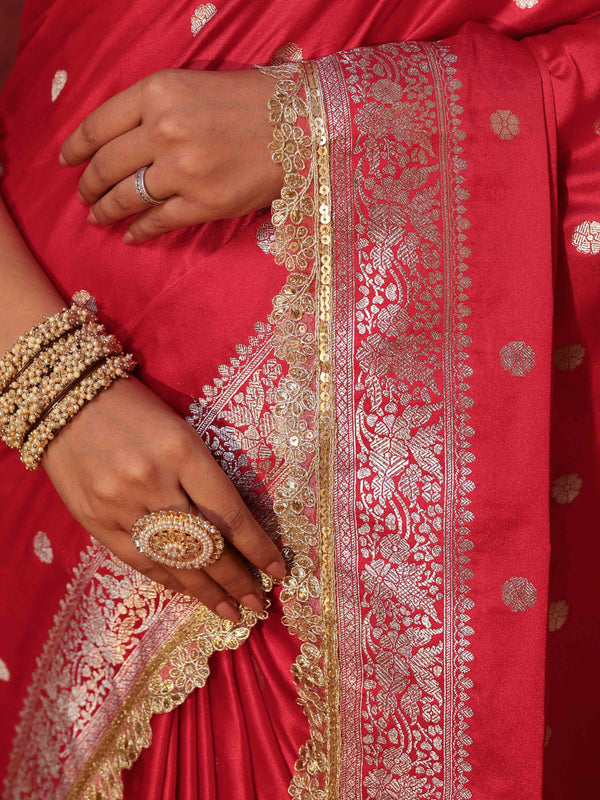 Banarasee Handwoven Semi Katan Saree With Zari Buti Design Border & Lace-Cherry Red