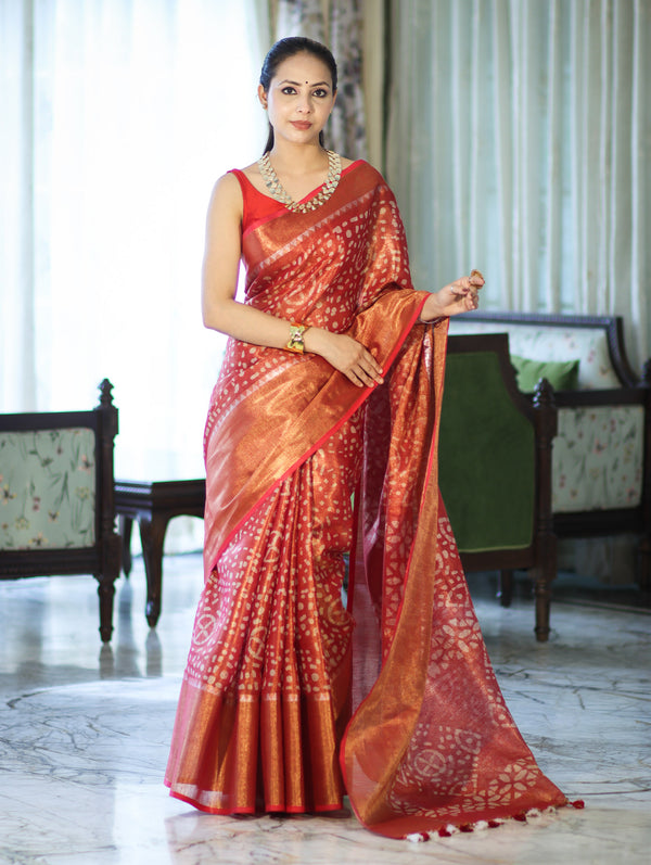 Bhagalpur Handloom Linen Tissue Batik Pattern Saree-Rust