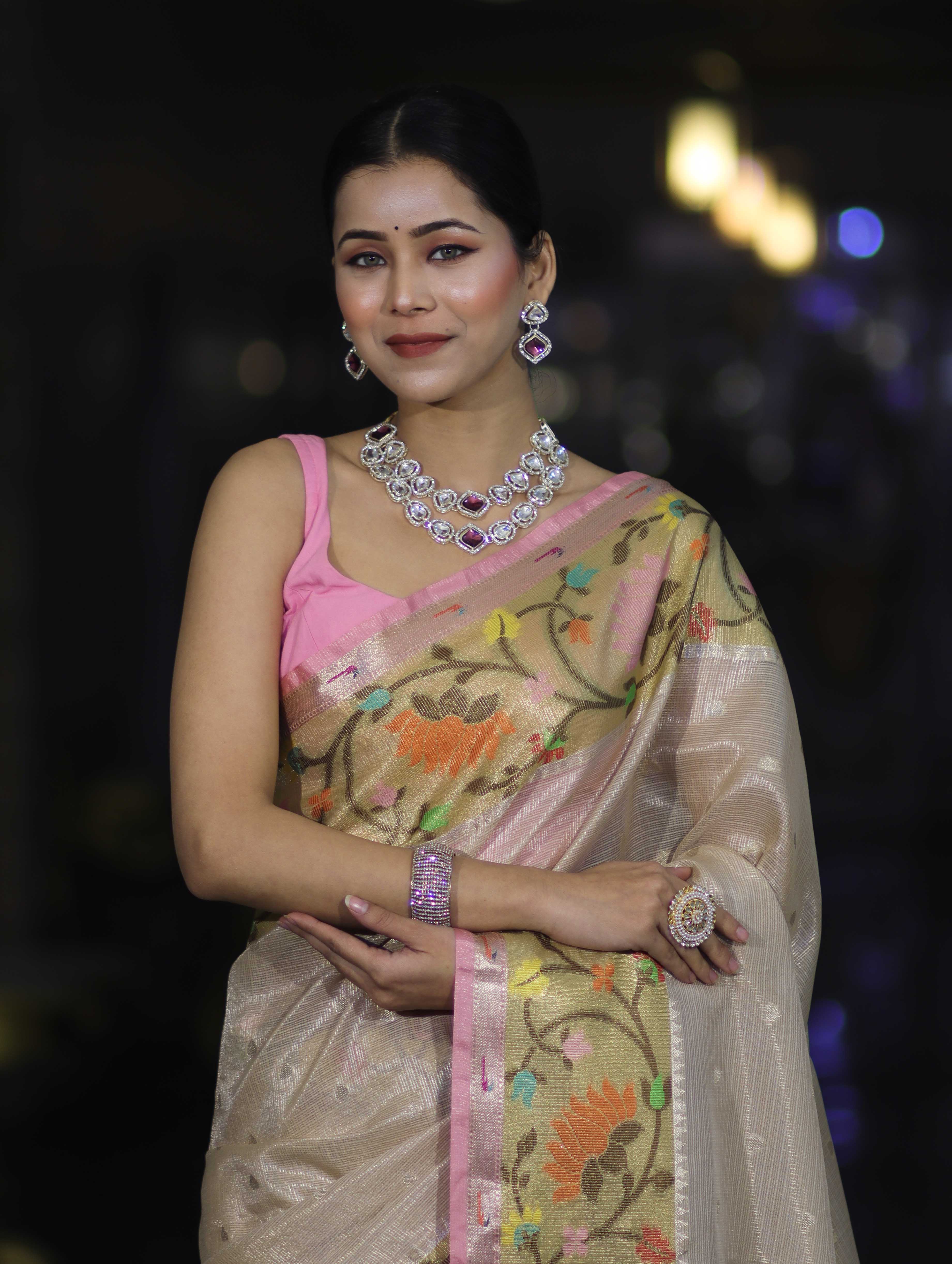 Banarasee Kota Checks Tissue Saree With Zari & Thread Embroidery & Contrast Border-Beige