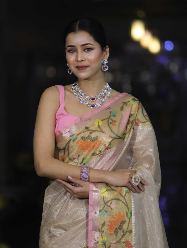 Banarasee Kota Checks Tissue Saree With Zari & Thread Embroidery & Contrast Border-Beige