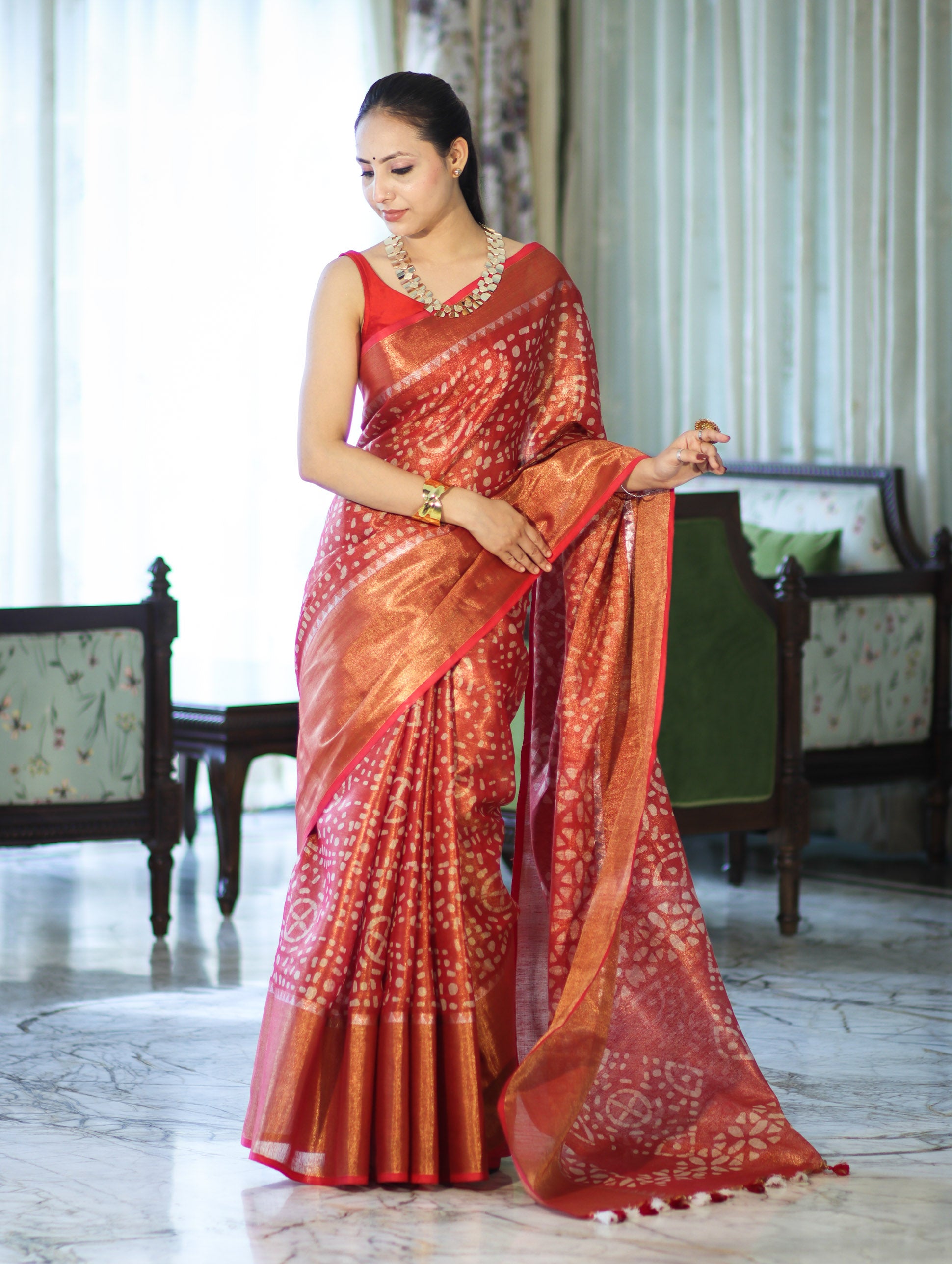 Bhagalpur Handloom Linen Tissue Batik Pattern Saree-Rust
