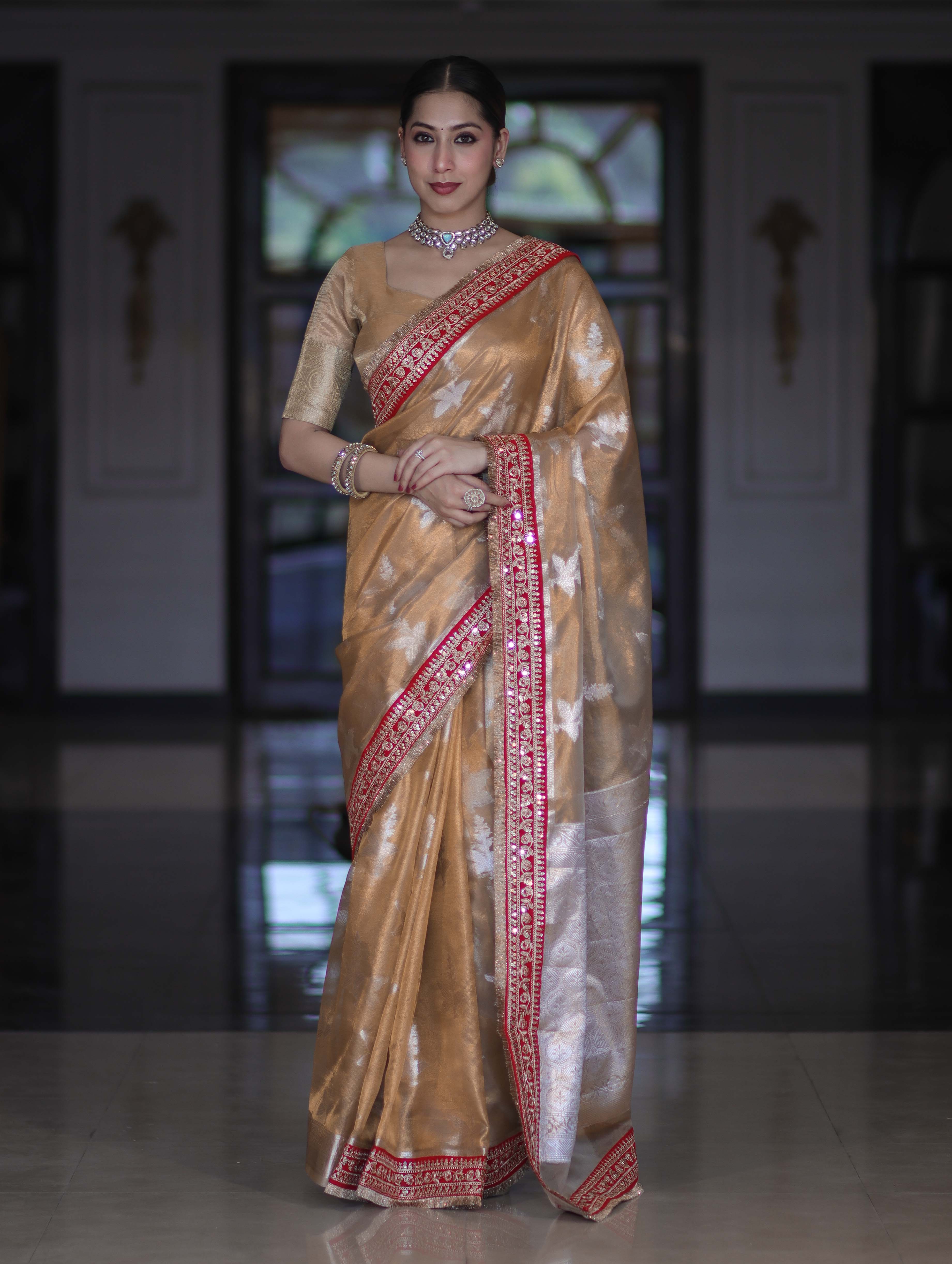 Banarasee Handloom Tissue Saree With Buta Design & Contrast Lace Border-Gold