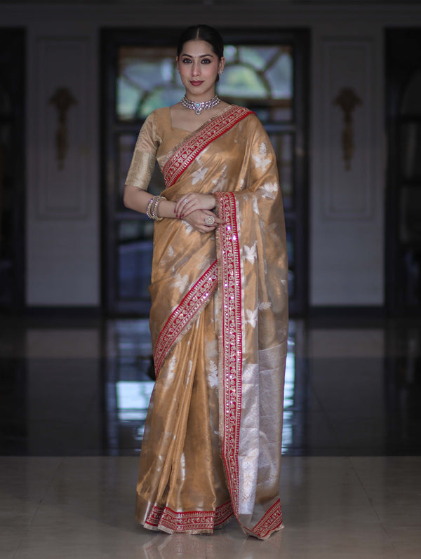 Banarasee Handloom Tissue Saree With Buta Design & Contrast Lace Border-Gold