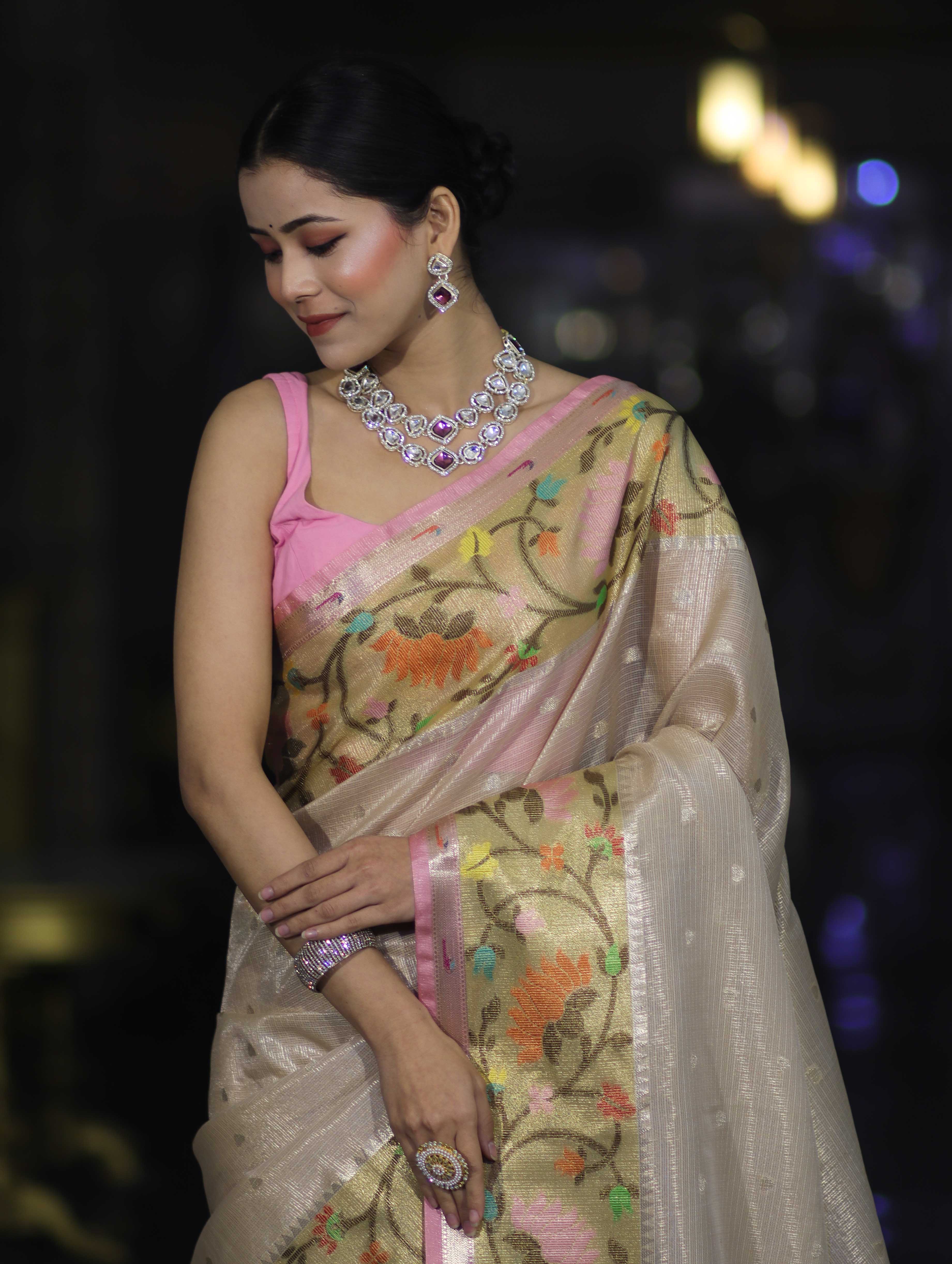 Banarasee Kota Checks Tissue Saree With Zari & Thread Embroidery & Contrast Border-Beige