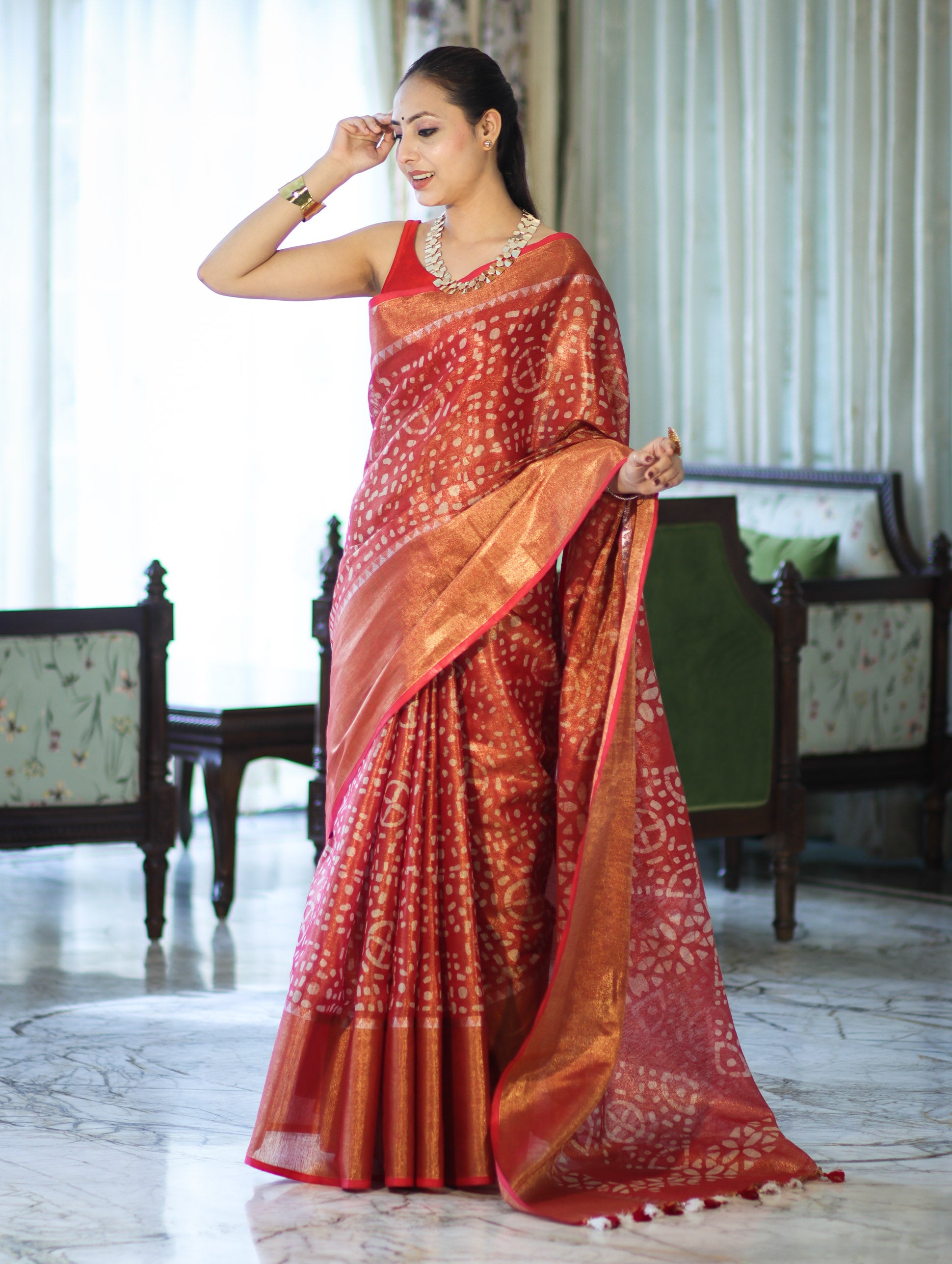 Bhagalpur Handloom Linen Tissue Batik Pattern Saree-Rust