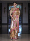 Banarasee Handloom Tissue Saree With Buta Design & Contrast Lace Border-Gold