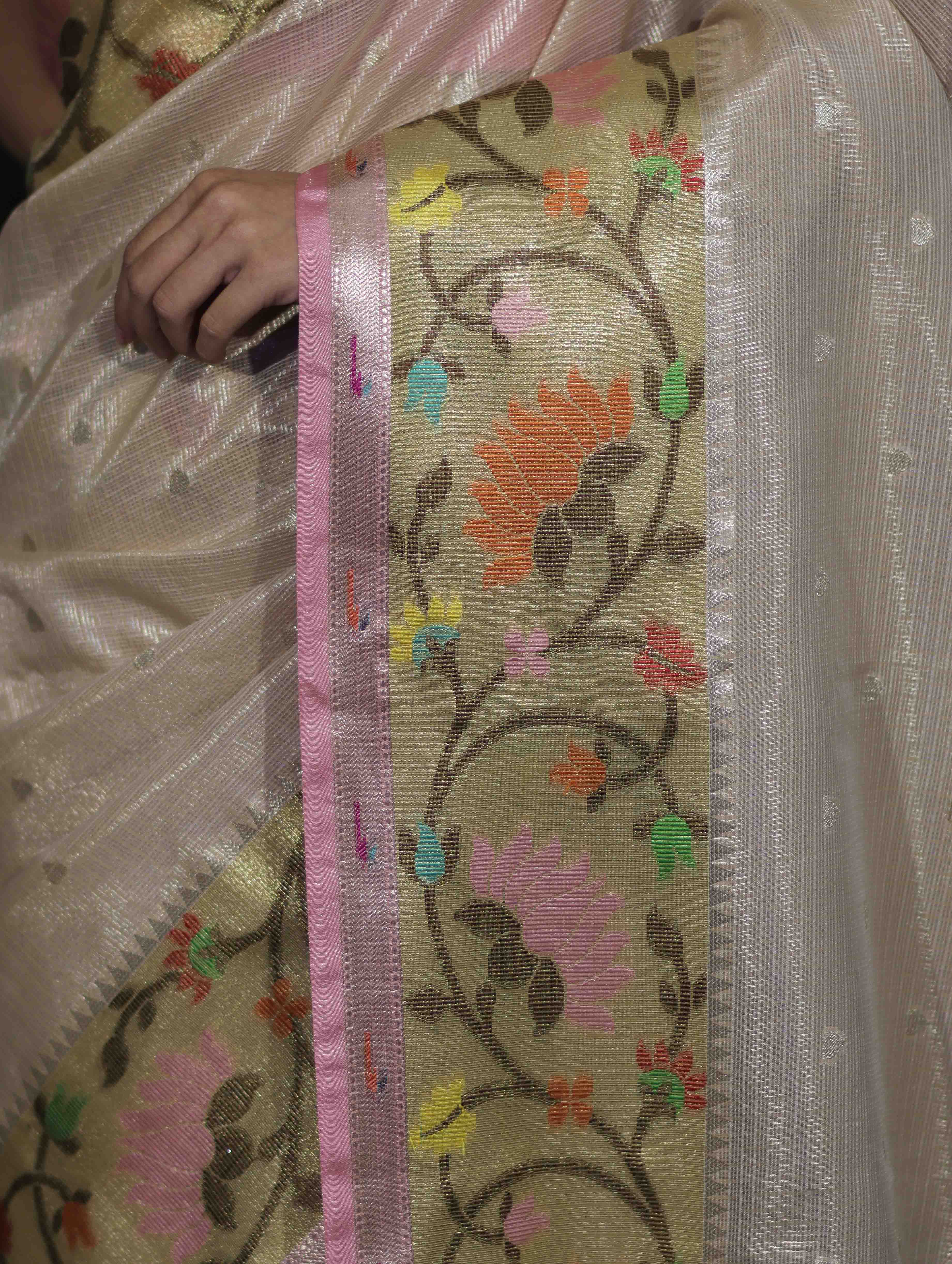 Banarasee Kota Checks Tissue Saree With Zari & Thread Embroidery & Contrast Border-Beige