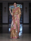 Banarasee Handloom Tissue Saree With Buta Design & Contrast Lace Border-Gold