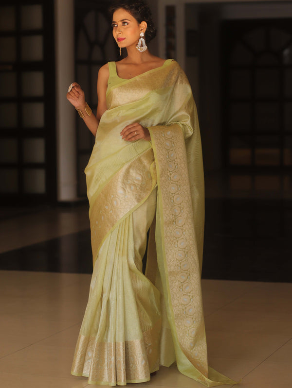 Banarasee Handwoven Broad Zari Border Tissue Saree-Green