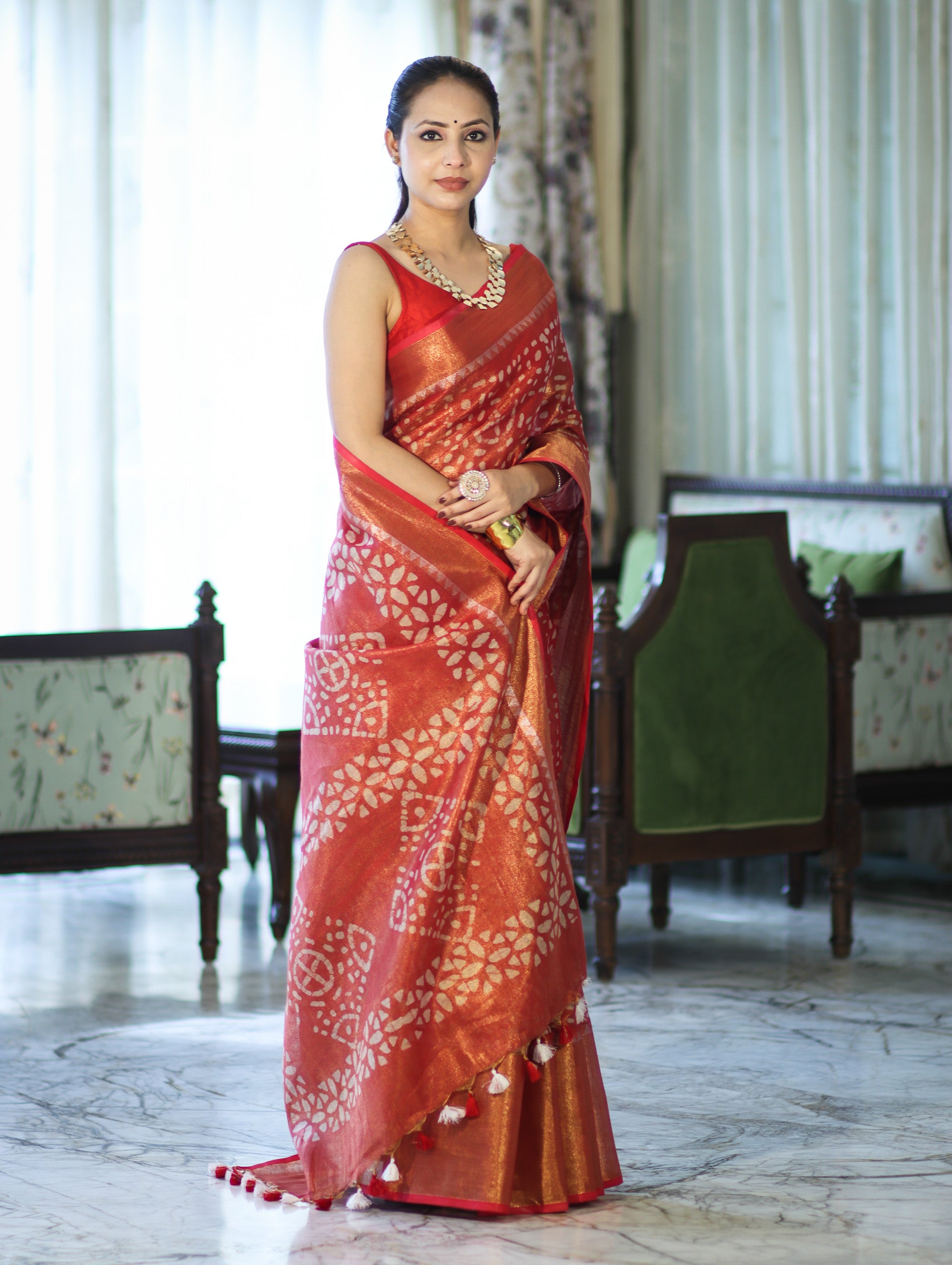 Bhagalpur Handloom Linen Tissue Batik Pattern Saree-Rust