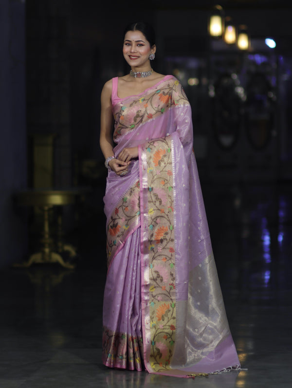 Banarasee Kota Checks Tissue Saree With Zari & Thread Embroidery & Contrast Border-Lilac