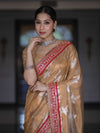 Banarasee Handloom Tissue Saree With Buta Design & Contrast Lace Border-Gold