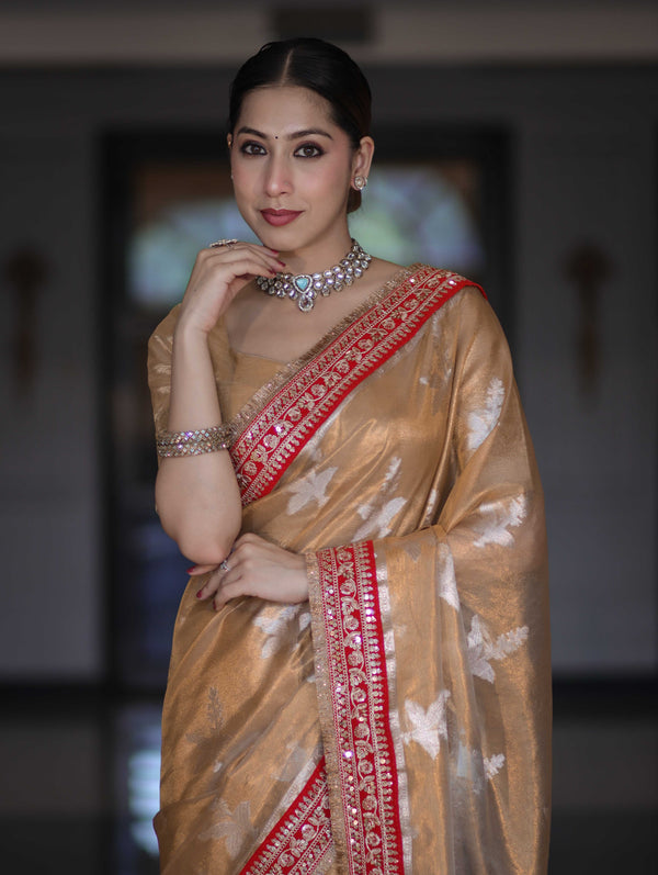 Banarasee Handloom Tissue Saree With Buta Design & Contrast Lace Border-Gold