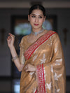 Banarasee Handloom Tissue Saree With Buta Design & Contrast Lace Border-Gold