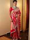 Banarasee Pure Chiffon Saree With Zigzag Pattern Zari Border & Lace-Red