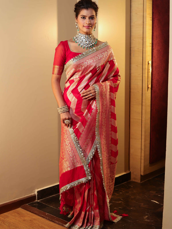 Banarasee Pure Chiffon Saree With Zigzag Pattern Zari Border & Lace-Red