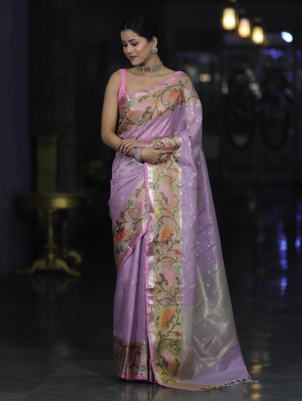 Banarasee Kota Checks Tissue Saree With Zari & Thread Embroidery & Contrast Border-Lilac