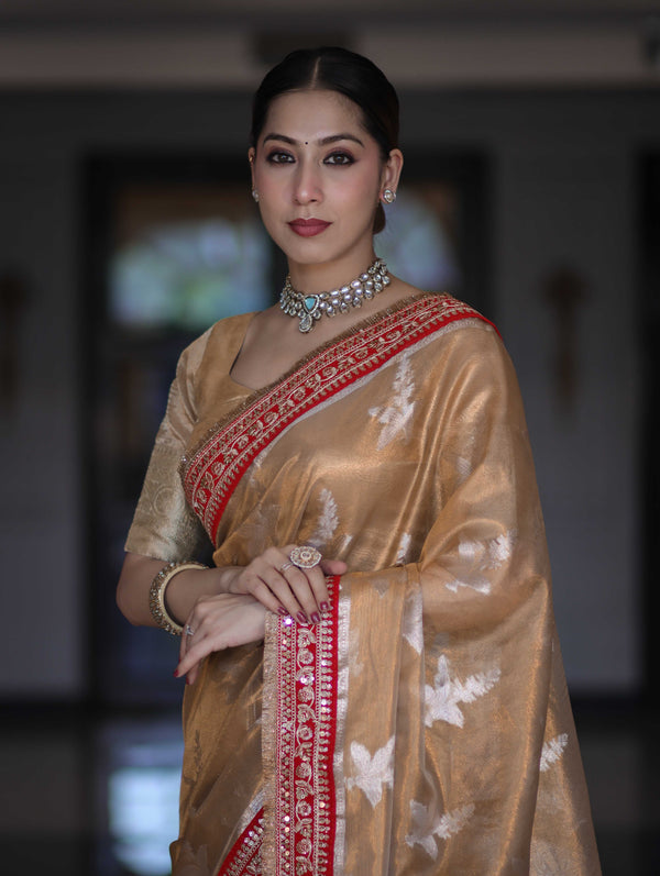 Banarasee Handloom Tissue Saree With Buta Design & Contrast Lace Border-Gold