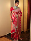 Banarasee Pure Chiffon Saree With Zigzag Pattern Zari Border & Lace-Red